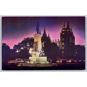 Postcard Utah Salt Lake City Brigham Young Monument Mormon Church Leader c1950s